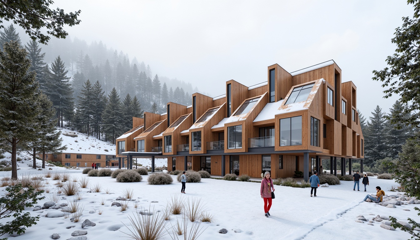 Prompt: Deconstructed ski lodge, fragmented wooden structures, cantilevered roofs, angular lines, bold color accents, exposed ductwork, industrial materials, reclaimed wood walls, eco-friendly insulation, energy-efficient systems, solar panels, wind turbines, green roofs, living walls, organic forms, irregular shapes, abstract patterns, modernist aesthetics, snowy mountainous landscape, pine trees, misty atmosphere, warm cozy lighting, shallow depth of field, 3/4 composition, panoramic view, realistic textures, ambient occlusion.