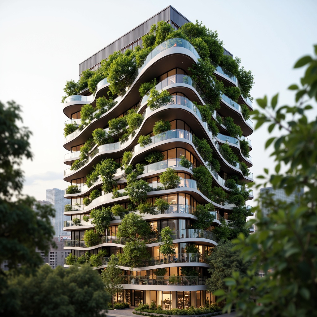 Prompt: Eco-friendly skyscraper, organic curves, green walls, living roofs, solar panels, wind turbines, rainwater harvesting systems, natural ventilation, large windows, minimalist design, recycled materials, low-carbon footprint, urban farm, rooftop garden, lush greenery, vibrant flowers, modern architecture, sleek metal structures, glass fa\u00e7ades, soft warm lighting, shallow depth of field, 3/4 composition, panoramic view, realistic textures, ambient occlusion.