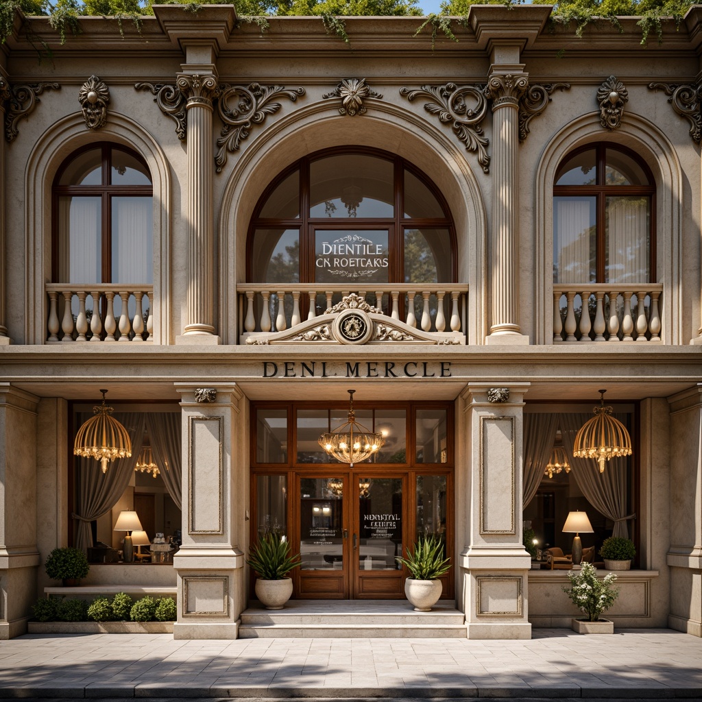 Prompt: Ornate Baroque dental clinic facade, grandiose entrance, sweeping arches, ornamental columns, intricate stonework, polished marble floors, gilded details, luxurious chandeliers, soft warm lighting, shallow depth of field, 1/1 composition, symmetrical framing, realistic textures, ambient occlusion, morning sunlight, subtle shadows, elegant typography, professional signage.