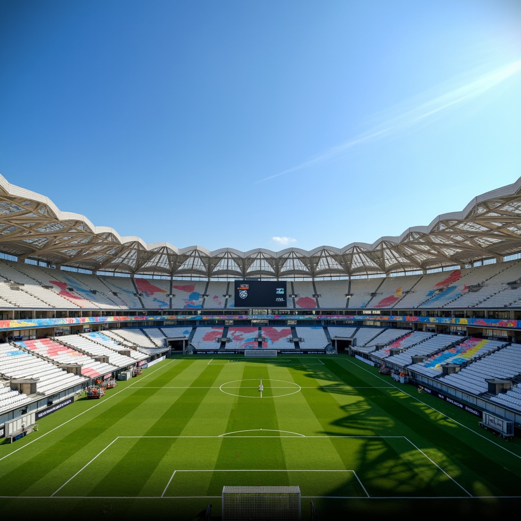 Prompt: Sleek soccer stadium, undulating curved facade, dynamic LED lights, translucent panels, cantilevered roofs, angular lines, modern architecture, vibrant green grass, sunny day, clear blue sky, open concourse, tiered seating, scoreboard displays, giant video screens, stadium floodlights, sleek metal structures, minimalist design, sustainable energy solutions, solar panels, wind turbines, water conservation systems, green roofs, eco-friendly materials, innovative cooling technologies, shaded outdoor spaces, misting systems, abstract geometric patterns, vibrant colorful textiles.