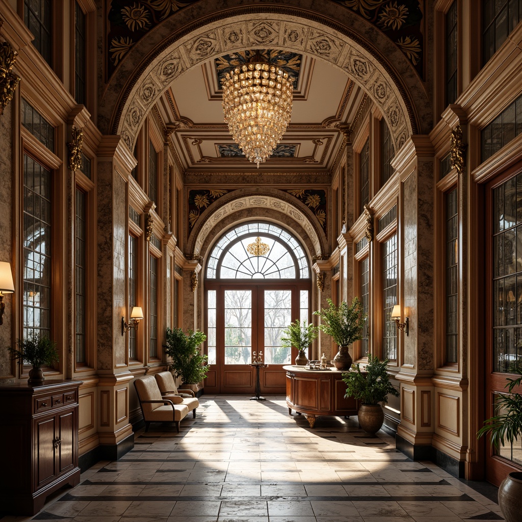 Prompt: Ornate dental clinic facade, grandiose entrance, intricately carved stone walls, ornamental metalwork, golden accents, luxurious marble floors, imposing columns, sweeping arches, stained glass windows, crystal chandeliers, opulent furnishings, rich wood paneling, velvet drapes, warm soft lighting, shallow depth of field, 1/1 composition, realistic textures, ambient occlusion.