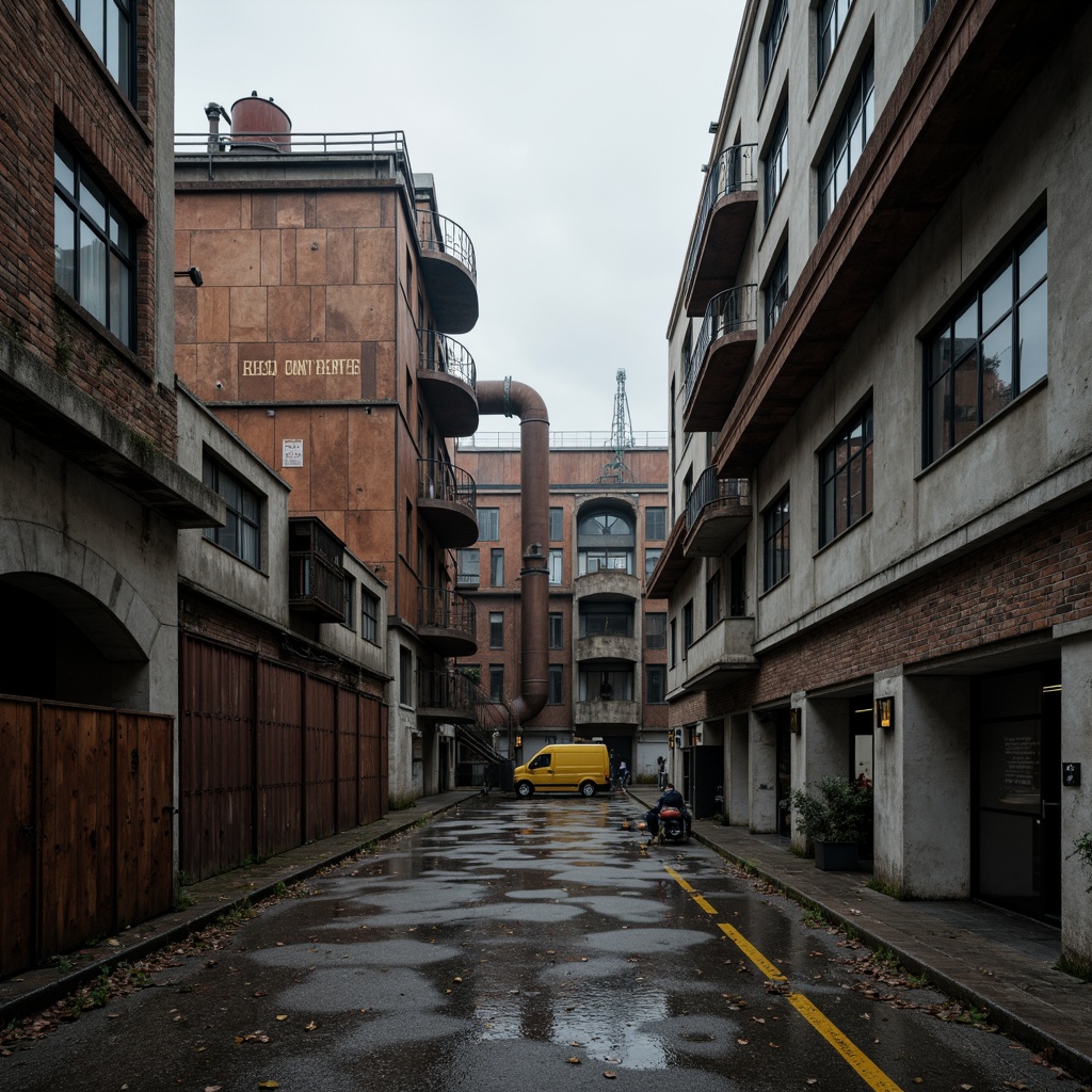 Prompt: Industrial landscape, rusty metal factories, curved bulbous forms, irregular organic shapes, brutalist architecture, exposed ductwork, reinforced concrete structures, metallic beams, industrial pipes, worn brick walls, distressed finishes, moody overcast sky, dramatic backlighting, high contrast ratio, cinematic atmosphere, 1/2 composition, Dutch angle shot, abstract reflections, gritty textures, ambient noise.