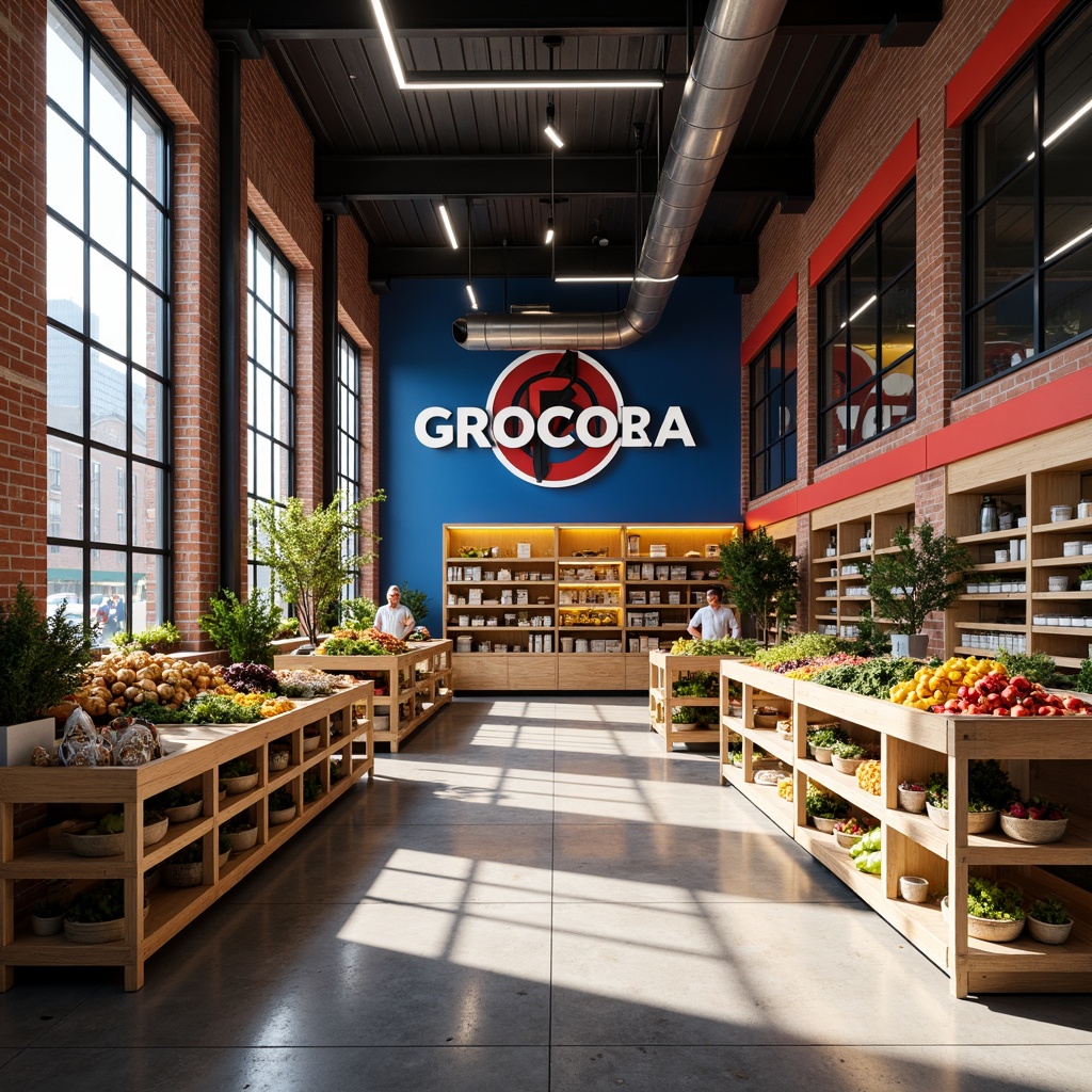 Prompt: Vibrant grocery store, industrial Bauhaus style, exposed brick walls, steel beams, polished concrete floors, modern minimalist shelving, bold primary color scheme, bright red accents, deep blue undertones, warm yellow highlights, natural wood textures, geometric patterns, clean lines, functional typography, ample natural light, high ceilings, urban cityscape backdrop, bustling street activity, morning sunlight, soft shadows, 1/1 composition, realistic materials, subtle ambient occlusion.