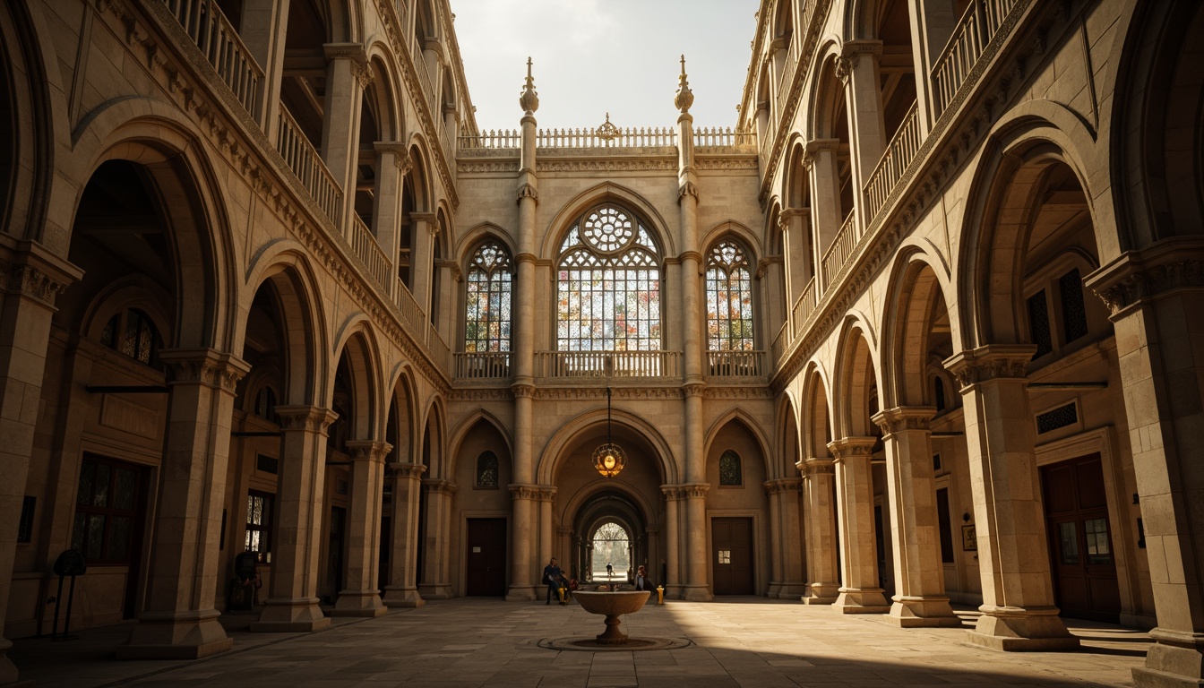 Prompt: Majestic university building, pointed arches, ribbed vaults, flying buttresses, ornate stone carvings, grandiose entranceways, stained glass windows, intricate tracery patterns, mystical ambiance, warm golden lighting, atmospheric fog, shallow depth of field, 1/2 composition, symmetrical framing, dramatic shadows, realistic textures, ambient occlusion.