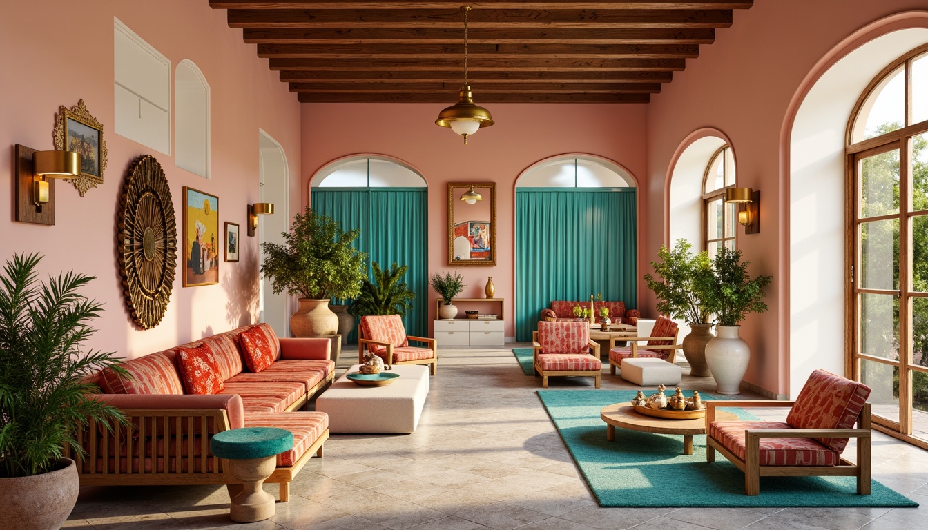 Prompt: Vibrant boutique hotel, pastel hues, soft peach walls, rich turquoise accents, metallic gold fixtures, luxurious velvet fabrics, ornate wooden furnishings, eclectic bohemian decor, lush greenery, natural stone floors, modern minimalist architecture, large windows, warm golden lighting, shallow depth of field, 3/4 composition, panoramic view, realistic textures, ambient occlusion.