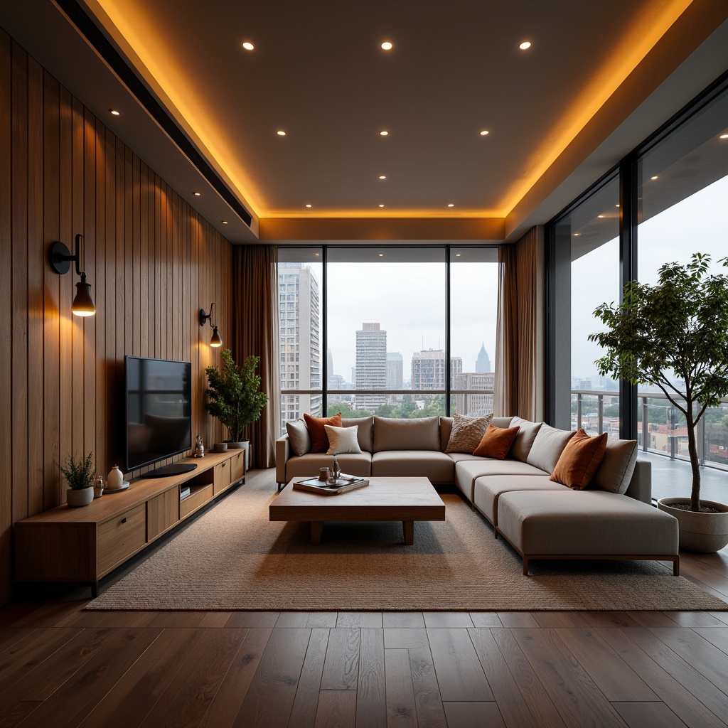 Prompt: Cozy living room, comfortable seating area, warm lighting fixtures, wooden flooring, minimal decor, functional storage units, sleek coffee table, plush throw pillows, modern sectional sofa, large windows, natural daylight, cityscape view, urban atmosphere, 1/1 composition, soft focus blur, realistic textures, ambient occlusion.