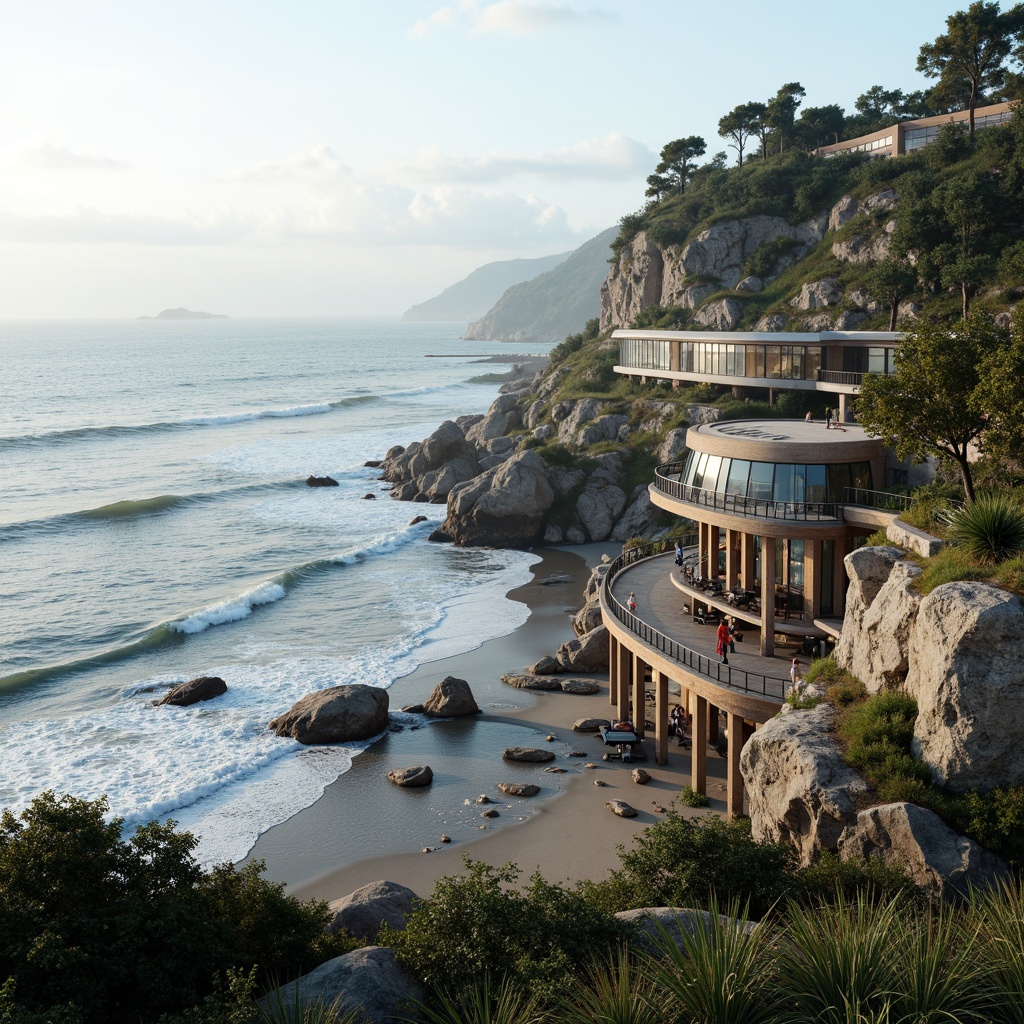 Prompt: Seaside cliffside location, rugged shoreline, crashing ocean waves, salty misty air, weathered wooden docks, beachside promenade, modern coastal architecture, curved glass facades, cantilevered overhangs, open-air balconies, driftwood-inspired decor, nautical-themed accents, ocean-view observatory, panoramic windows, soft natural lighting, 1/1 composition, atmospheric perspective, realistic water simulations, ambient sound effects.