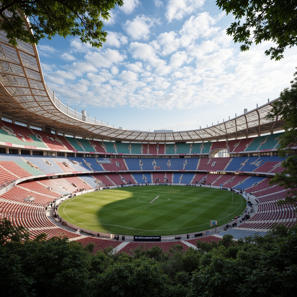 Prompt: Undulating soccer stadium, curvaceous lines, futuristic architecture, iridescent fa\u00e7ade, gleaming metal surfaces, translucent roofs, undulating seating arrangements, vibrant team colors, dynamic LED lighting, atmospheric misting systems, sweeping archways, organic structural forms, flowing walkways, lush greenery surroundings, sunny day with scattered clouds, soft warm lighting, shallow depth of field, 3/4 composition, panoramic view, realistic textures, ambient occlusion.