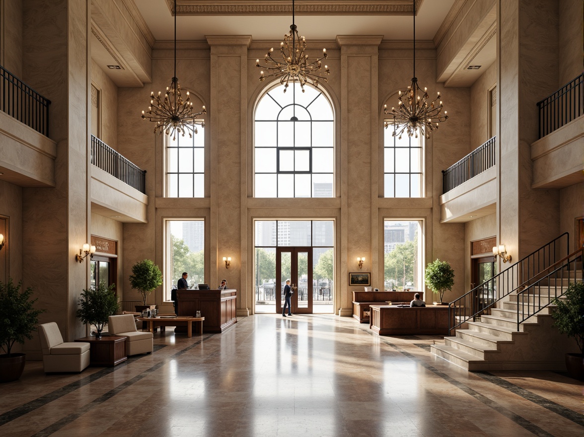 Prompt: Grand marble staircase, elegant wooden paneling, high ceilings, ornate chandeliers, spacious atrium, natural light pouring in, comfortable seating areas, quiet reading nooks, impressive courtrooms, judge's bench, witness stands, jury boxes, modern audio-visual equipment, acoustic panels, warm neutral color scheme, subtle textures, intricate moldings, formal furnishings, stately columns, grand entranceways, secure access controls, sleek metal detectors, panoramic windows, cityscape views, bustling urban surroundings.