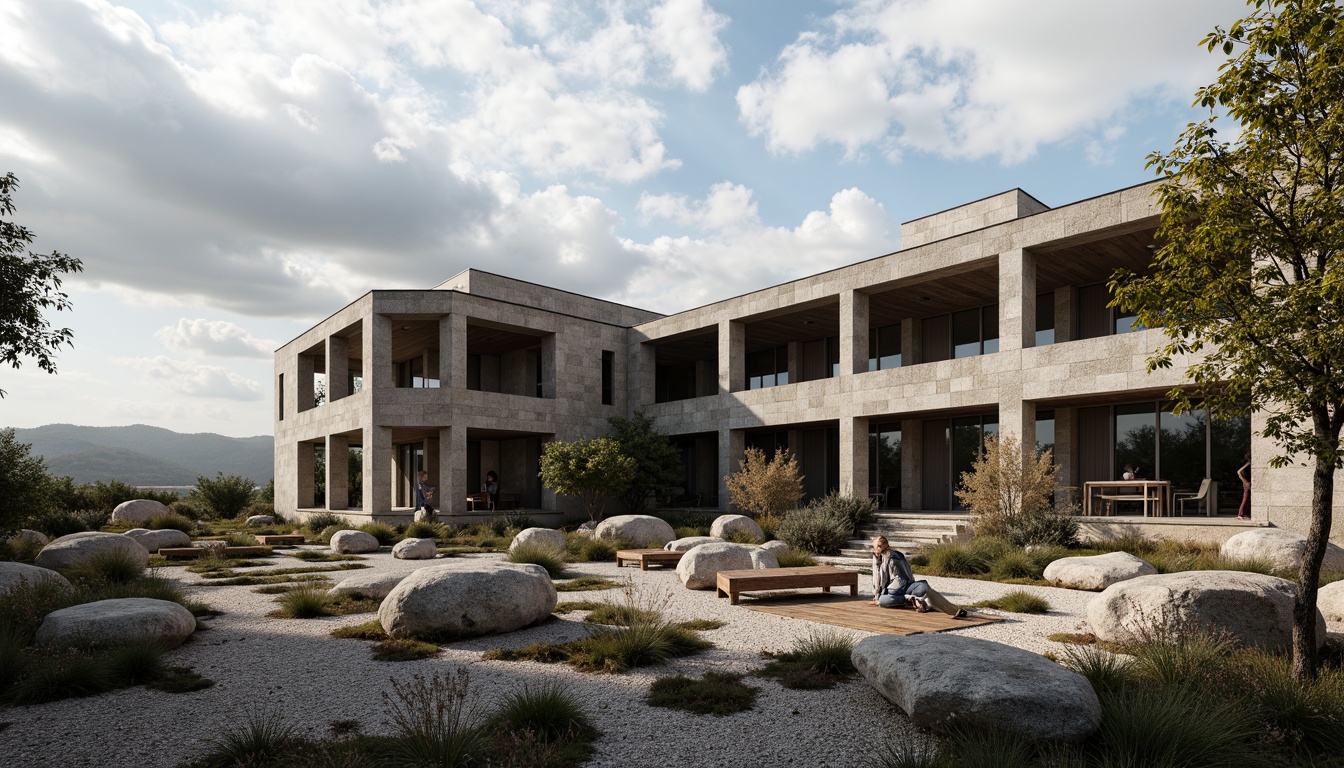 Prompt: Rugged brutalist school building, fortress-like structure, raw concrete walls, angular lines, industrial materials, minimalist design, integration with natural landscape, rocky outcrops, native plants, weathered wood accents, shaded outdoor spaces, cantilevered roofs, dramatic shadows, high-contrast lighting, cinematic composition, realistic textures, ambient occlusion.