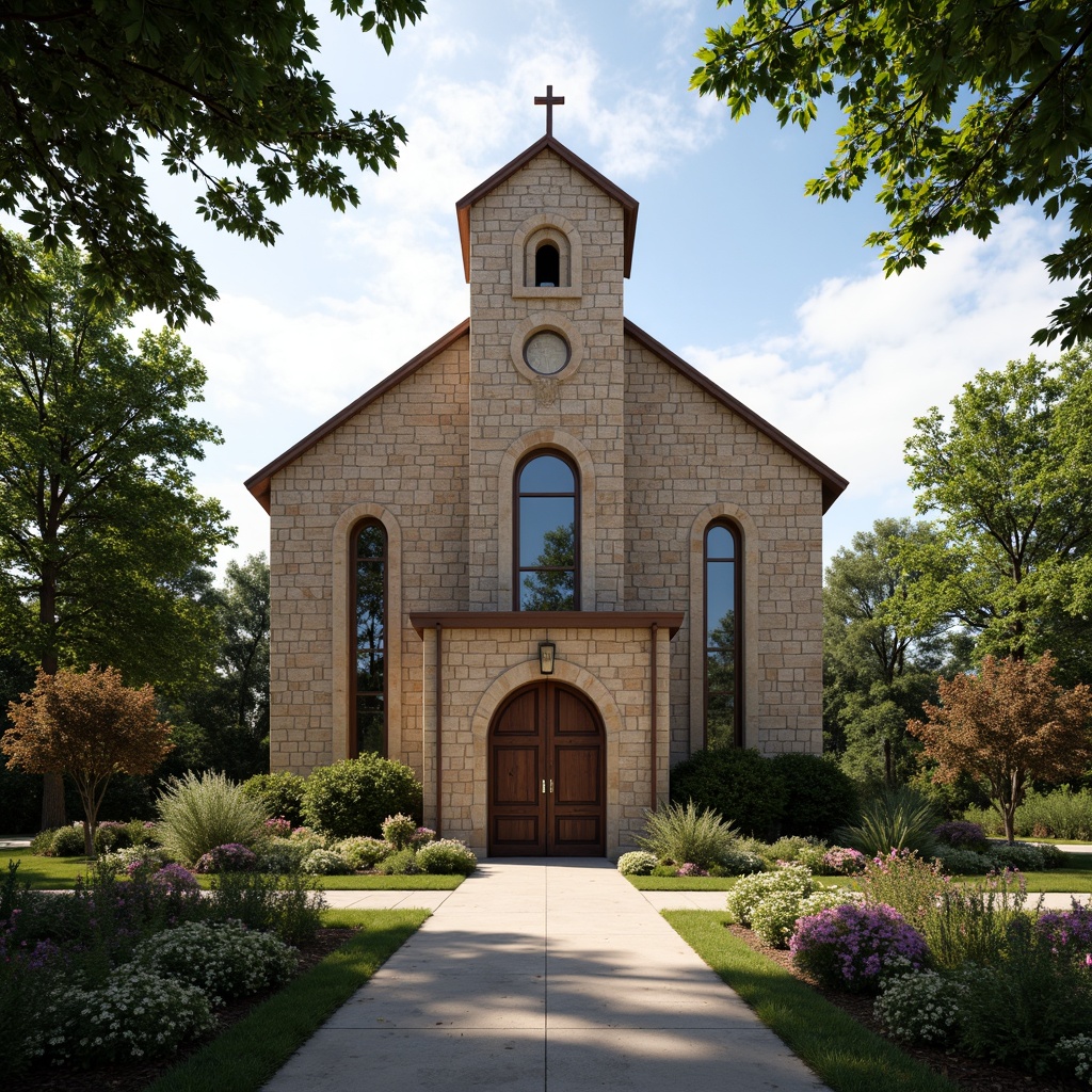 Prompt: Rustic suburban church, stone fa\u00e7ade, stained glass windows, pointed arches, bell tower, grand entrance, wooden doors, ornate metalwork, subtle lighting, peaceful surroundings, lush greenery, blooming flowers, serene atmosphere, warm sunny day, shallow depth of field, 3/4 composition, panoramic view, realistic textures, ambient occlusion.