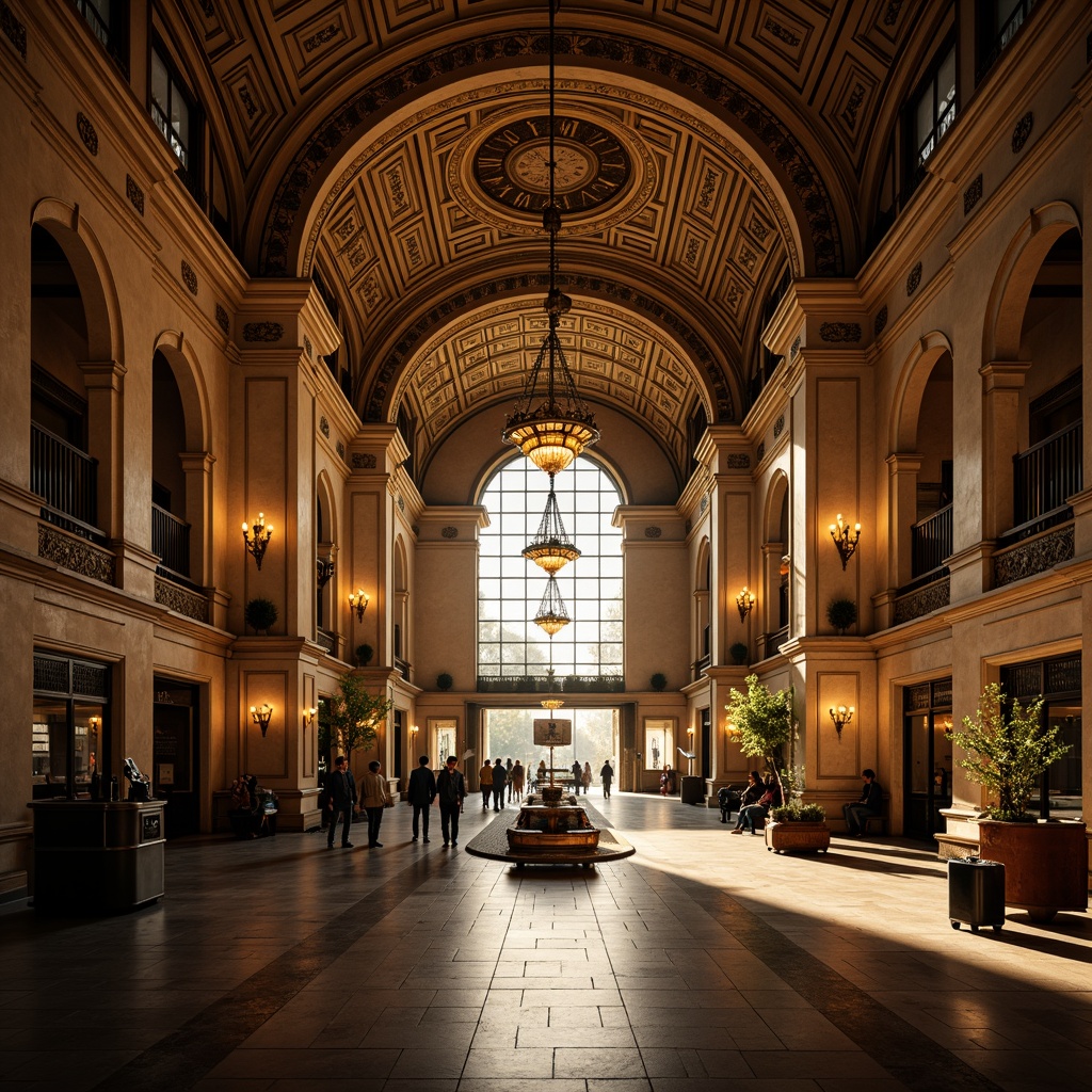 Prompt: Grandiose train station, ornate chandeliers, warm golden lighting, elegant archways, marble floors, intricate moldings, symmetrical facades, majestic columns, vintage luggage carts, antique clock towers, sophisticated signage, lavish furnishings, luxurious materials, soft ambient glow, dramatic high-contrast lighting, 1/1 composition, atmospheric perspective, realistic reflections, subtle lens flares.