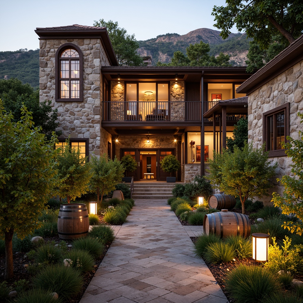 Prompt: Vineyard landscape, rustic stone walls, wooden wine barrels, lush green vines, eclectic fa\u00e7ade design, mixed materials, distressed wood accents, ornate metalwork, stained glass windows, earthy color palette, warm golden lighting, dramatic archways, irregular shapes, asymmetrical composition, Mediterranean-inspired architecture, natural stone pathways, lantern-style lighting, vintage agricultural equipment, rural scenery, soft focus effect, 1/2 composition, ambient atmosphere.