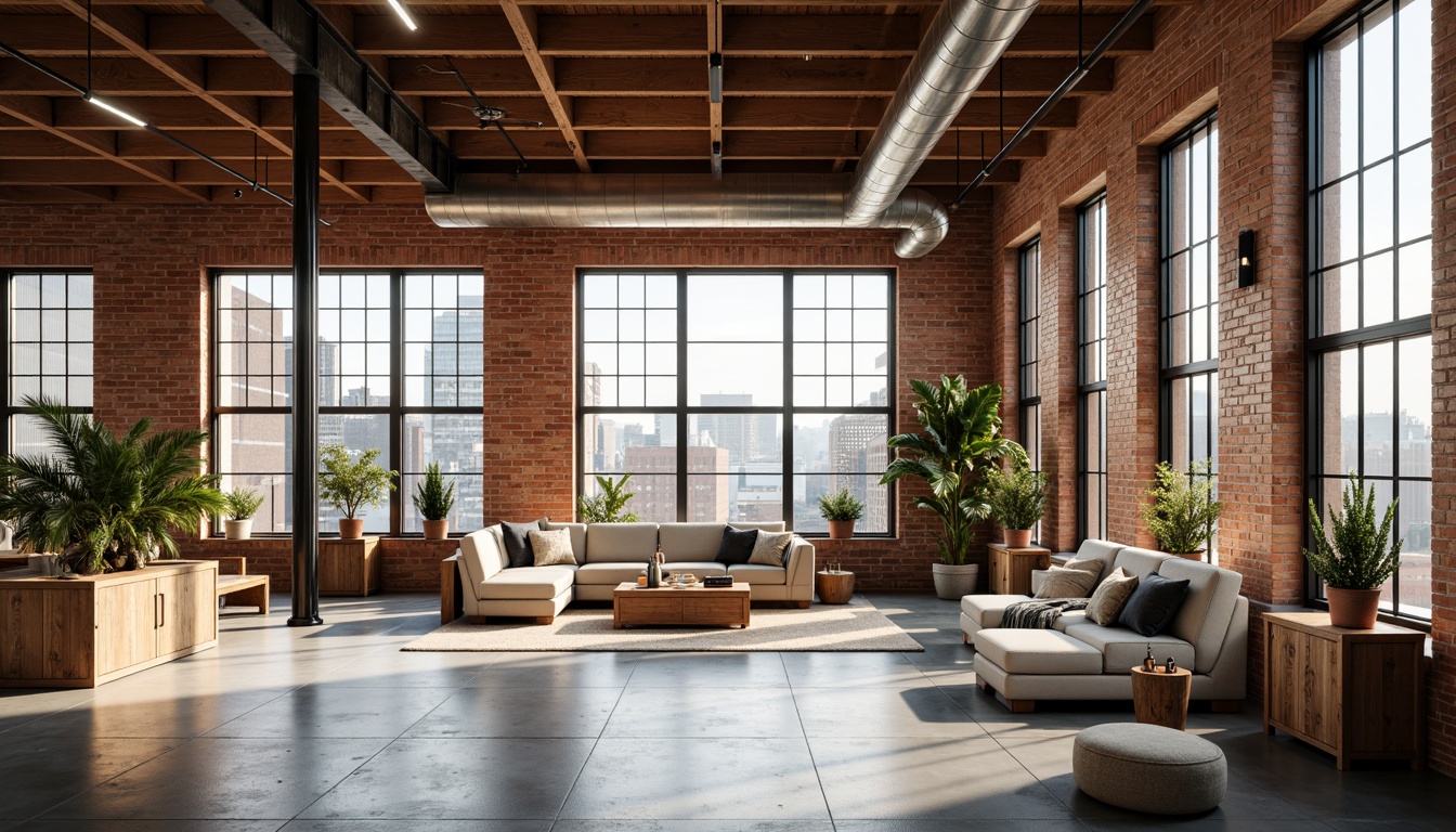 Prompt: Exposed brick walls, reclaimed wood beams, industrial metal columns, spacious open floor plans, high ceilings, large windows, natural ventilation systems, eco-friendly insulation materials, low-VOC paints, FSC-certified wooden furniture, minimalist decorative elements, urban cityscape views, soft warm lighting, shallow depth of field, 1/1 composition, panoramic view, realistic textures, ambient occlusion.