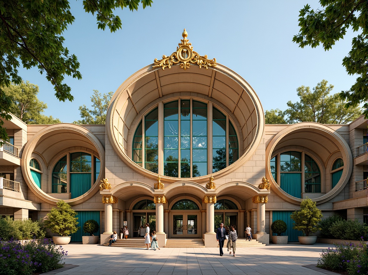 Prompt: Ornate gymnasium facade, flowing curves, organic forms, floral patterns, sinuous lines, stained glass windows, ornate ironwork, grand entrance, imposing columns, decorative balconies, rusticated stone walls, vibrant turquoise accents, golden ornaments, lush greenery, blooming flowers, sunny day, soft warm lighting, shallow depth of field, 3/4 composition, panoramic view, realistic textures, ambient occlusion.