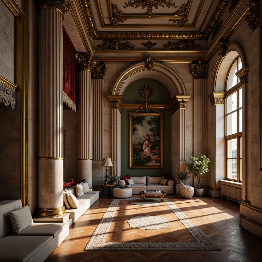 Prompt: Ornate classical columns, intricately carved marble, rich velvet drapes, gilded bronze accents, ornamental plaster moldings, rustic stone walls, polished wooden floors, luxurious silk fabrics, subtle linen textures, delicate lace patterns, soft warm lighting, dramatic chiaroscuro, high contrast ratio, 1/2 composition, symmetrical balance, realistic reflections, ambient occlusion.