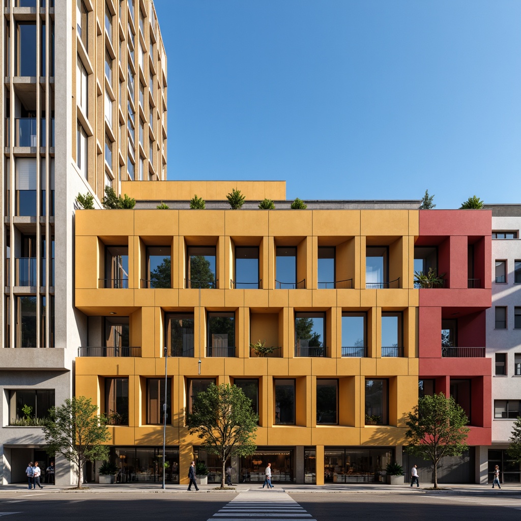 Prompt: Courthouse facade, geometric shapes, primary colors, industrial materials, exposed ductwork, functional pipes, minimalist ornamentation, rectangular forms, clean lines, asymmetrical composition, natural stone cladding, steel frames, large windows, cantilevered roofs, urban context, morning sunlight, high contrast lighting, deep depth of field, 2/3 composition, symmetrical axis, modernist architecture, brutalist elements, monumental scale, civic monumentality.