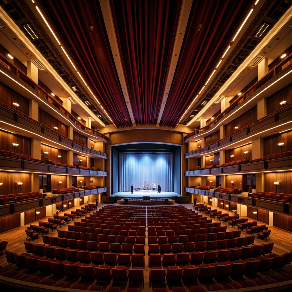 Prompt: Grand auditorium, tiered seating, curved rows, ornate balconies, rich velvet curtains, polished wooden floors, acoustic panels, suspended sound systems, spotlights, dramatic lighting, comfortable cushioning, ergonomic chairs, wheelchair accessibility, ample legroom, central stage, catwalk, backstage areas, VIP lounges, luxurious textures, elegant color schemes, high ceilings, sweeping archways, grand chandeliers, soft warm glow, shallow depth of field, 2/3 composition, symmetrical framing, realistic renderings.