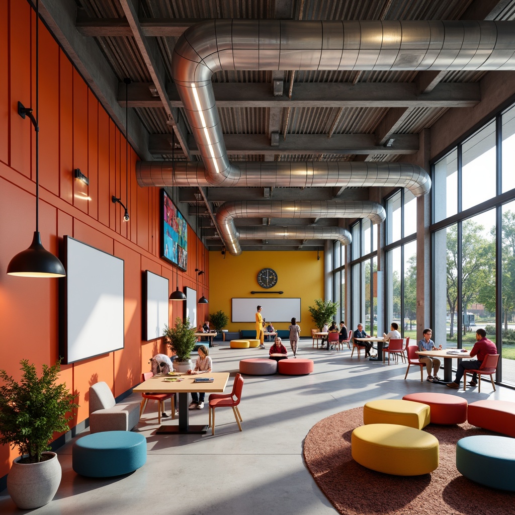 Prompt: Vibrant high school interior, bold color schemes, eclectic furniture, modern pendant lighting, polished concrete floors, industrial-style metal beams, exposed ductwork, collaborative workspaces, interactive whiteboards, flexible seating arrangements, minimalist decor, natural light pouring in, shallow depth of field, 1/1 composition, soft warm lighting, realistic textures, ambient occlusion.