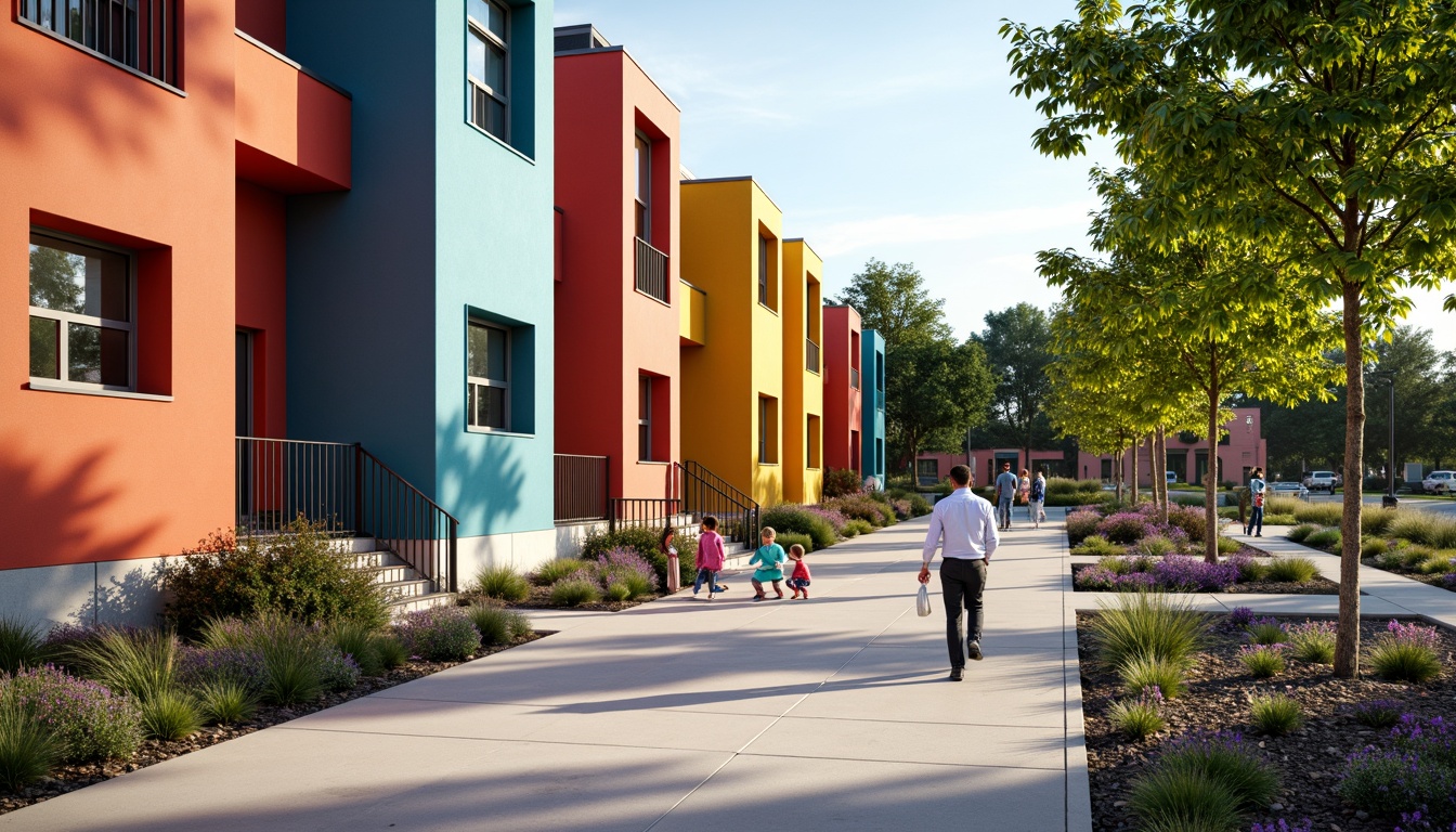 Prompt: Vibrant school facade, durable Plasticrete walls, modern educational architecture, colorful accents, playful murals, weather-resistant coatings, textured finishes, bold geometric patterns, rhythmic lines, natural stone bases, sleek metal trims, energy-efficient windows, minimalist door handles, accessible ramps, vibrant outdoor furniture, shaded recreational areas, soft landscaping, lush greenery, blooming flowers, sunny day, soft warm lighting, shallow depth of field, 3/4 composition, panoramic view, realistic textures, ambient occlusion.