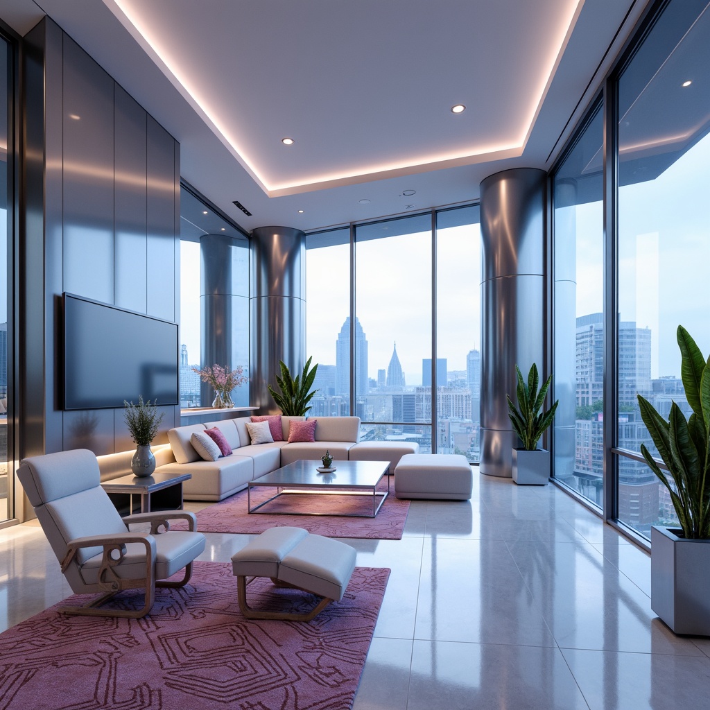 Prompt: Futuristic apartment, sleek metal accents, neon-lit corridors, holographic displays, virtual reality interfaces, minimalist furniture, glossy white surfaces, metallic silver walls, iridescent glass partitions, soft blue ambient lighting, atmospheric fog effects, 3D-printed decor, geometric patterned rugs, levitating planters, space-age-inspired color scheme, pastel pink accents, electric blue highlights, chrome-plated fixtures, LED strip lights, motion-sensing doors, augmented reality enhancements, panoramic city views, high-rise apartment complex, urban skyline backdrop.