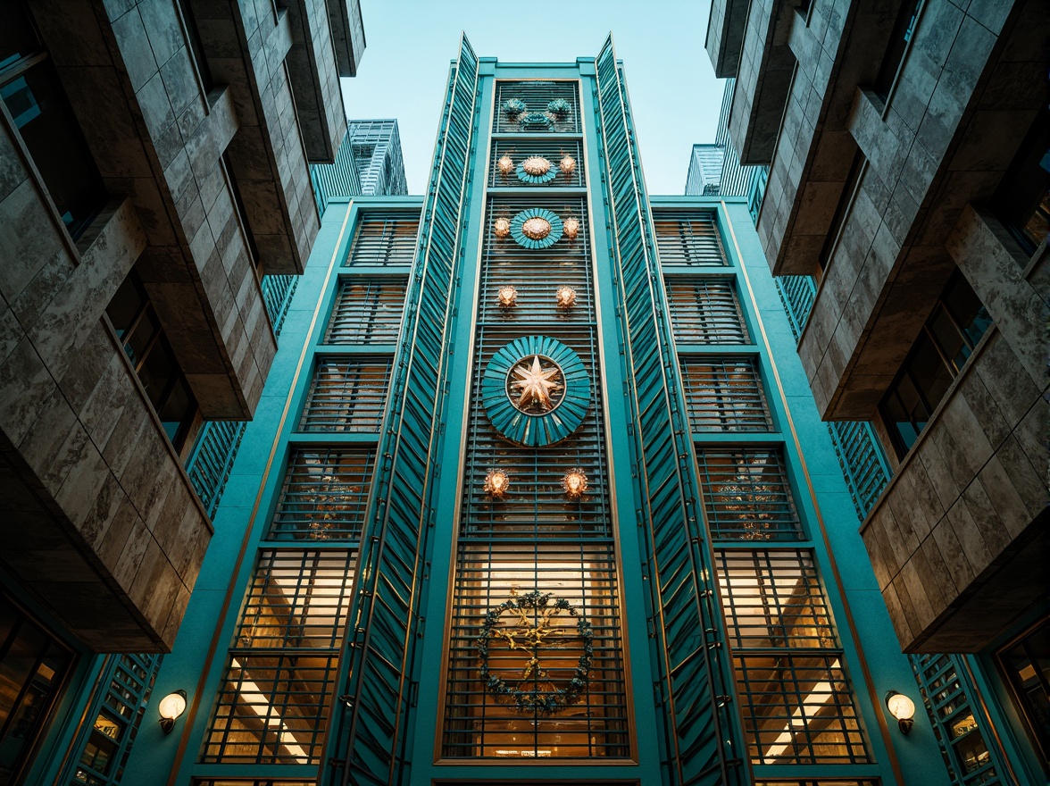 Prompt: Glamorous skyscraper, ornate metalwork, geometric patterns, vibrant turquoise accents, luxurious marble surfaces, intricate moldings, symmetrical compositions, lavish ornamentation, metallic sheen, stepped silhouettes, zigzag motifs, sunburst designs, chevron patterns, opulent details, high-contrast lighting, dramatic shadows, 1/2 composition, low-angle shot, cinematic atmosphere, highly detailed textures.