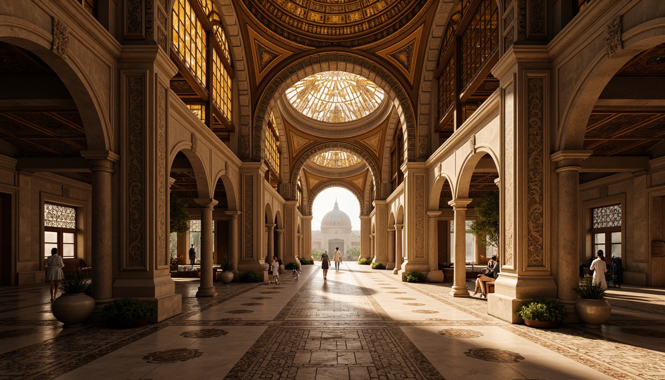 Prompt: Intricate archways, ornate columns, golden mosaics, vaulted ceilings, grand entrance halls, imposing facades, majestic domes, richly patterned marble floors, ornamental capitals, luxurious textiles, warm ambient lighting, dramatic shadows, 3/4 composition, symmetrical balance, realistic textures, atmospheric perspective.