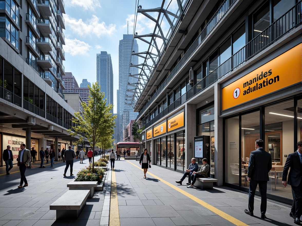 Prompt: Vibrant bus station, modern architectural design, steel beams, glass roofs, urban cityscape, busy streets, crowded platforms, dynamic LED lighting, bold typography, wayfinding signage, durable flooring materials, stainless steel benches, industrial chic aesthetic, functional minimalism, neutral background colors, pop of bright accent hues, sunny day, soft indirect lighting, shallow depth of field, 1/2 composition, realistic textures, ambient occlusion.