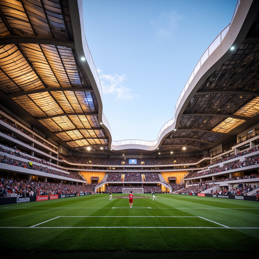 Prompt: Undulating soccer stadium, curvaceous blobitecture forms, dynamic ribbed patterns, translucent canopy roofs, iridescent LED lighting systems, vibrant team color accents, lush green turf, goalpost archways, spectator seating areas, cantilevered VIP suites, futuristic tunnel entrances, sweeping staircases, abstract geometric shapes, reflective metallic fa\u00e7ades, atmospheric misting systems, warm golden hour lighting, shallow depth of field, 1/2 composition, dramatic low-angle shot.