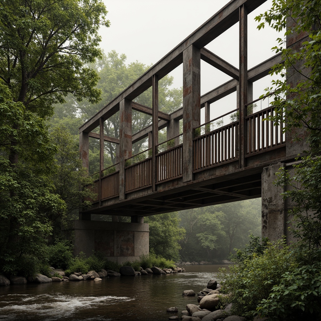 Prompt: Rustic steel bridges, worn wooden railings, earthy tones, mossy green accents, weathered concrete piers, industrial metal beams, misty atmospheric effects, soft warm lighting, shallow depth of field, 2/3 composition, realistic textures, ambient occlusion, serene water reflections, gentle river flows, lush vegetation surroundings, natural stone foundations.