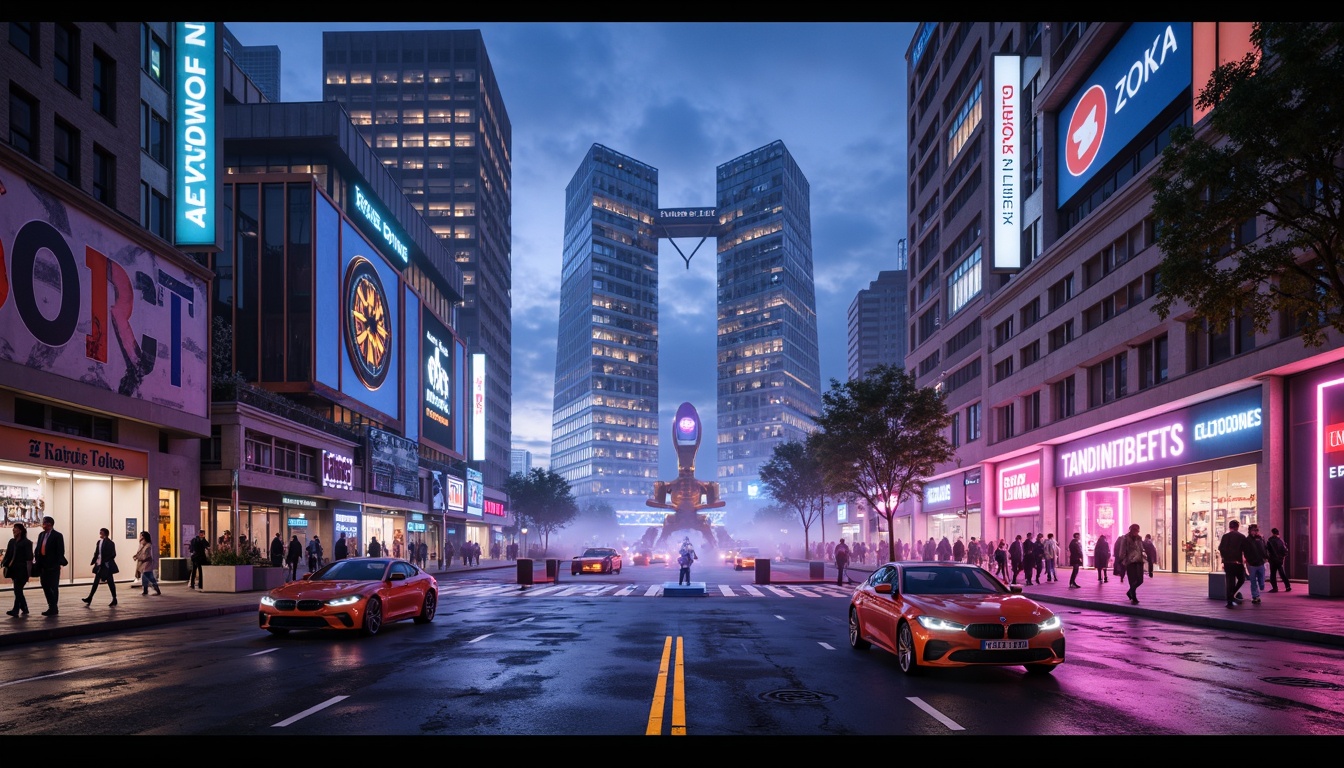 Prompt: Neon-lit cityscapes, futuristic skyscrapers, holographic advertisements, towering robotic sculptures, metallic alloy surfaces, luminescent accents, vibrant LED lights, misty atmospheric effects, cinematic lens flares, low-key dramatic lighting, high-contrast color grading, cyberpunk-inspired neon tubes, 3D-projection mapping, ambient Occlusion, real-time dynamic lighting, shallow depth of field, 2.35