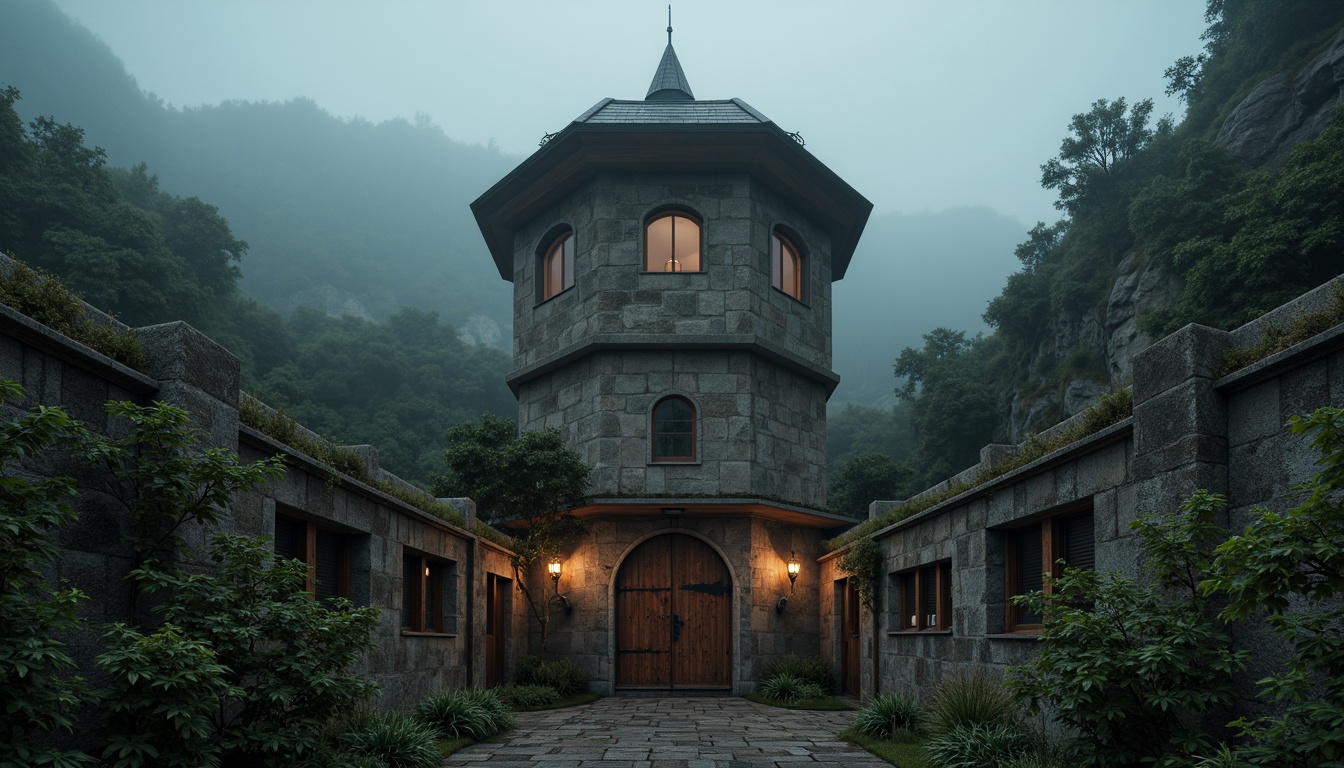 Prompt: Mysterious Watchtower, ancient stone walls, mystical misty atmosphere, rugged mountainous terrain, overgrown vegetation, worn wooden doors, rusty metal gates, subtle warm lighting, soft misty effects, cinematic composition, shallow depth of field, 2/3 aspect ratio, eerie silence, foggy dawn, medieval-inspired architecture, intricate stonework patterns, weathered copper accents, mysterious lanterns, flickering torches.