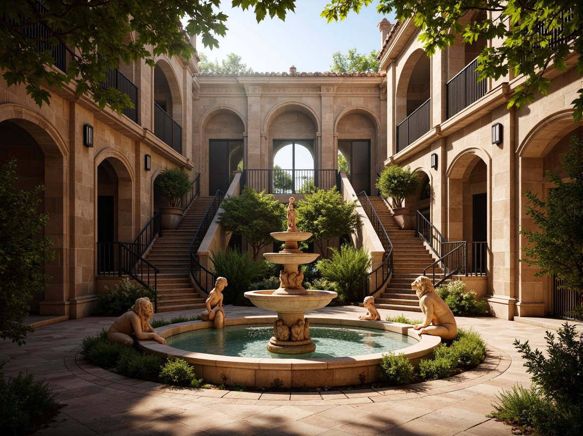 Prompt: Opulent fountain, grand staircase, ornate sculptures, lush greenery, vibrant flowers, Baroque-style palace, rustic stone walls, elegant archways, sweeping balconies, intricate ironwork, decorative gargoyles, majestic columns, symmetrical composition, warm golden lighting, soft focus effect, 1/1 aspect ratio, dramatic shadows, rich textures, ambient occlusion.Let me know if this meets your expectations!