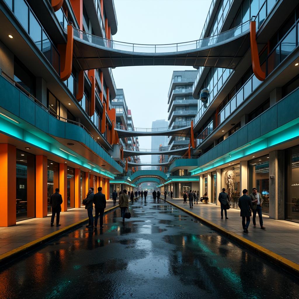 Prompt: Vibrant orange accents, sleek silver beams, bold blue supports, glossy black railings, neon green LED lights, futuristic curves, cantilevered structures, dynamic shapes, urban cityscape, misty morning atmosphere, soft warm lighting, high contrast photography, dramatic shadows, abstract reflections, 1/2 composition, low-angle view, cinematic mood.