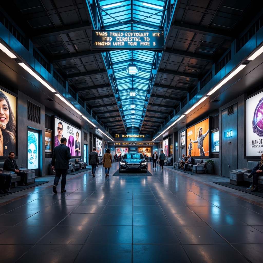 Prompt: Futuristic transportation hub, sleek metal structures, neon-lit LED lights, holographic advertisements, futuristic signage, high-gloss floors, metallic accents, minimalist design, advanced technology interfaces, cyberpunk-inspired color scheme, dominant blues and purples, accentuated oranges and yellows, dark grays and blacks, moody atmospheric lighting, shallow depth of field, 1/1 composition, panoramic view, realistic reflections, ambient occlusion.