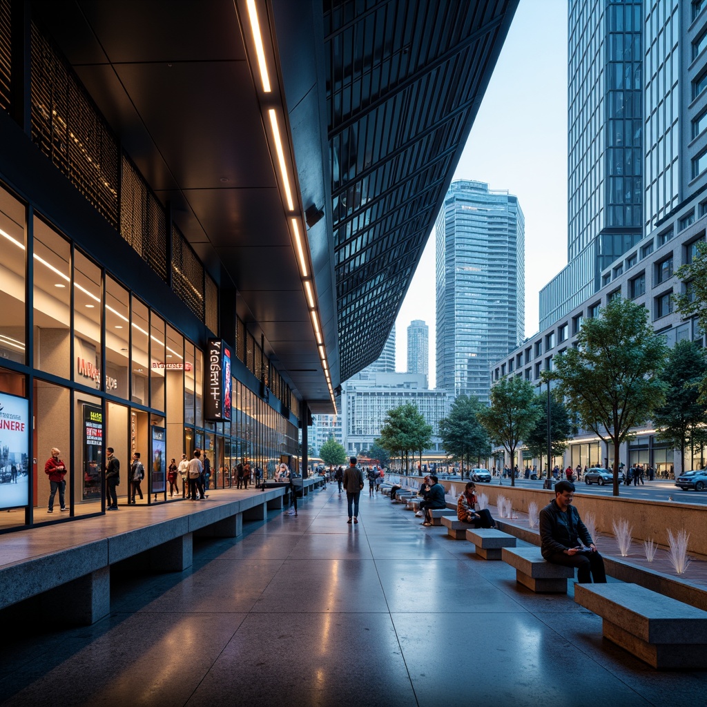 Prompt: Futuristic metro station, sleek glass facade, angular metallic lines, neon lights, LED displays, digital signage, modern typography, dynamic pedestrian flow, high-contrast color scheme, polished steel columns, minimalist benches, atmospheric misting systems, ambient occlusion, shallow depth of field, 3/4 composition, panoramic view, realistic textures, soft warm lighting, bustling urban atmosphere, morning commute, cityscape background, towering skyscrapers.