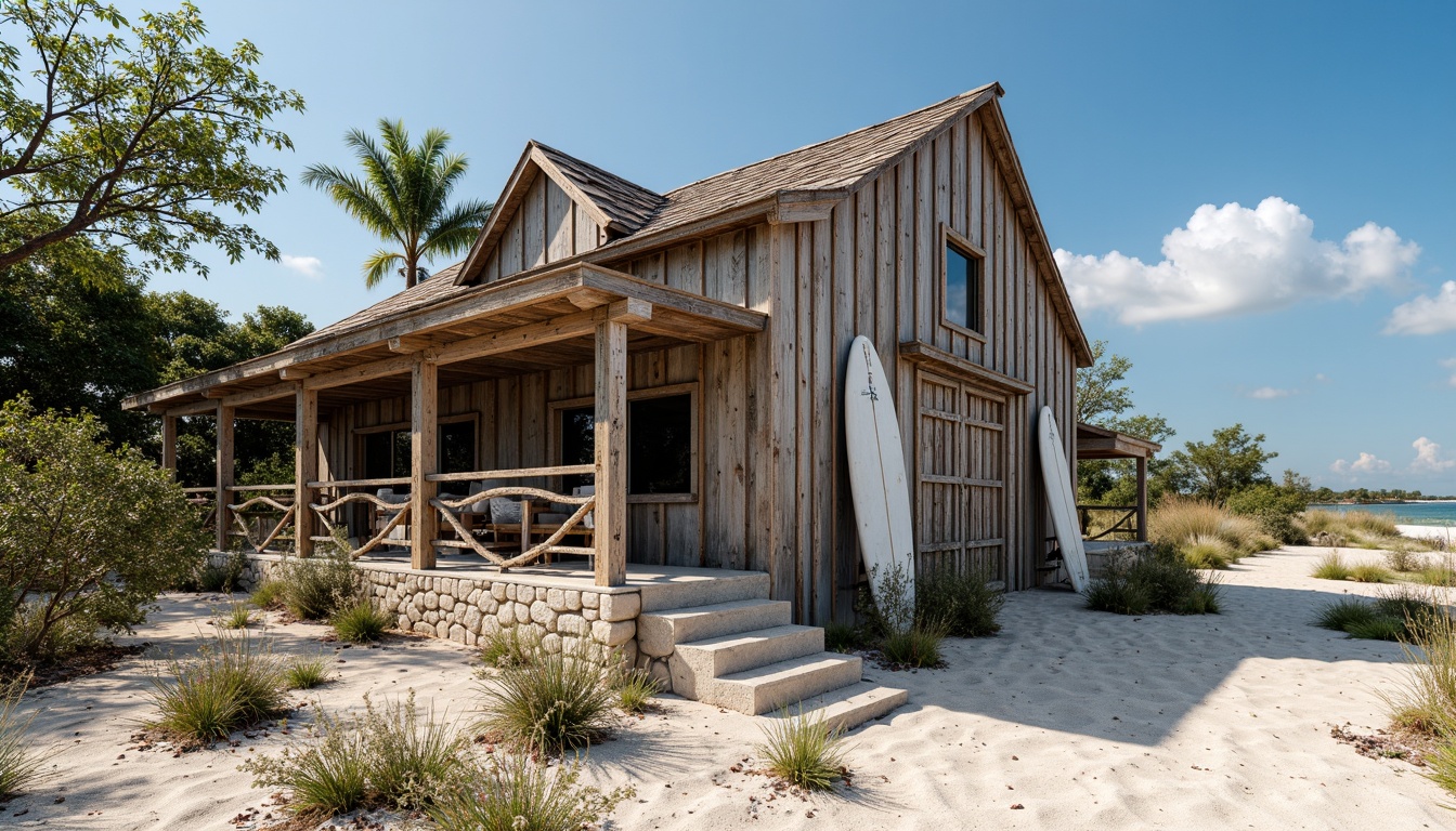 Prompt: Driftwood beachside barn, rustic wooden facade, weathered shingles, coral stone foundation, nautical rope details, distressed metal accents, ocean-inspired color palette, sea salt air, sandy dunes, coastal succulents, wind-swept trees, surfboard decorations, fishing net textures, shell-adorned pathways, sunny day, warm soft lighting, shallow depth of field, 1/2 composition, intimate focus, natural textures, ambient occlusion.Please let me know if this meets your expectations!