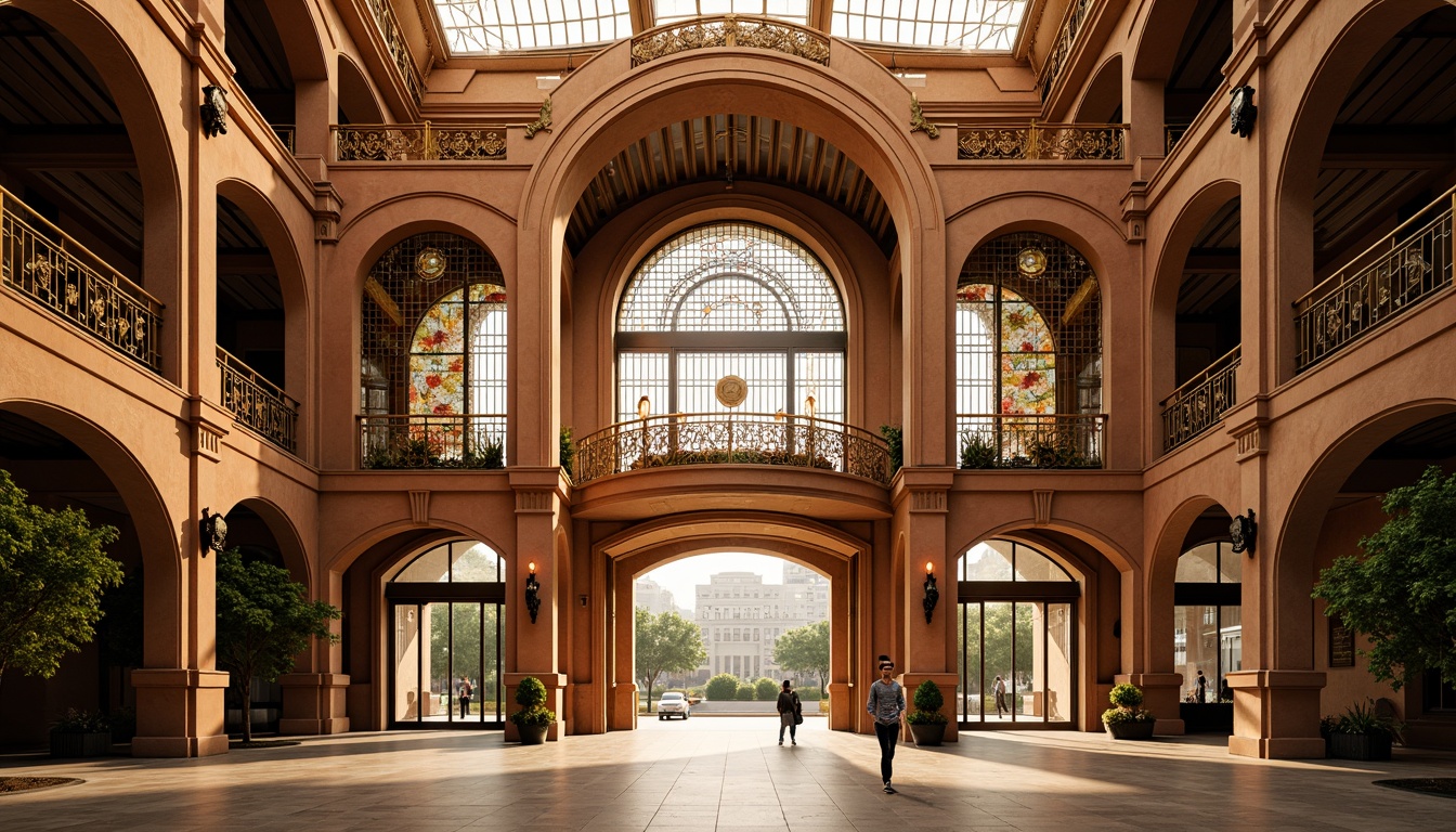 Prompt: Ornate gymnasium facade, sinuous lines, flowing curves, organic forms, luxurious materials, golden accents, grand entrance, ornamental gates, stained glass windows, floral patterns, intricate ironwork, curved balconies, decorative columns, vibrant colors, soft warm lighting, shallow depth of field, 3/4 composition, panoramic view, realistic textures, ambient occlusion.