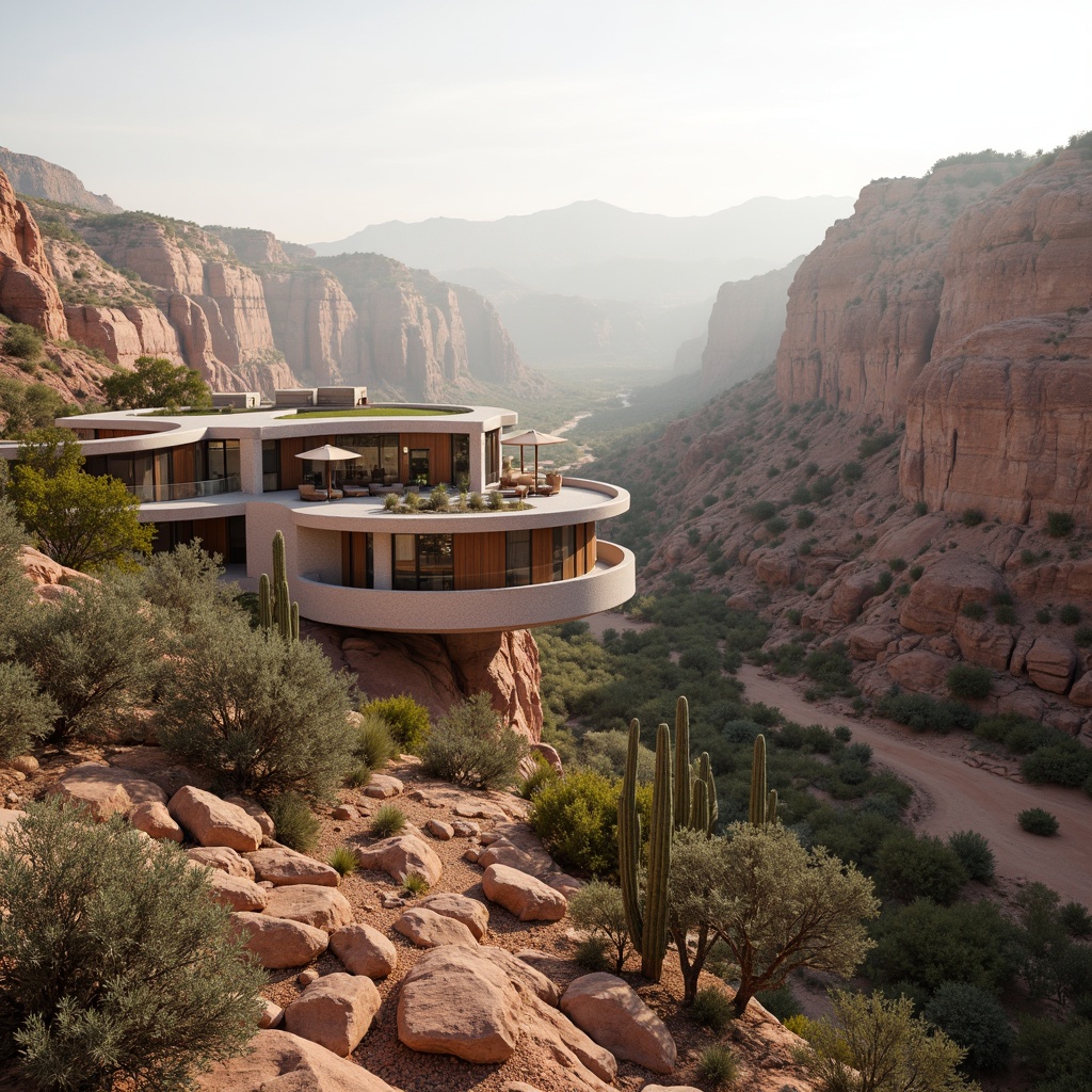 Prompt: Canyon architecture, rugged terrain, layered rock formations, vast open spaces, modern buildings, curved lines, natural stone walls, wooden accents, green roofs, cantilevered structures, panoramic views, misty mornings, soft warm lighting, shallow depth of field, 3/4 composition, realistic textures, ambient occlusion, desert flora, cactus plants, succulents, winding paths, scenic overlooks, tranquil atmosphere.