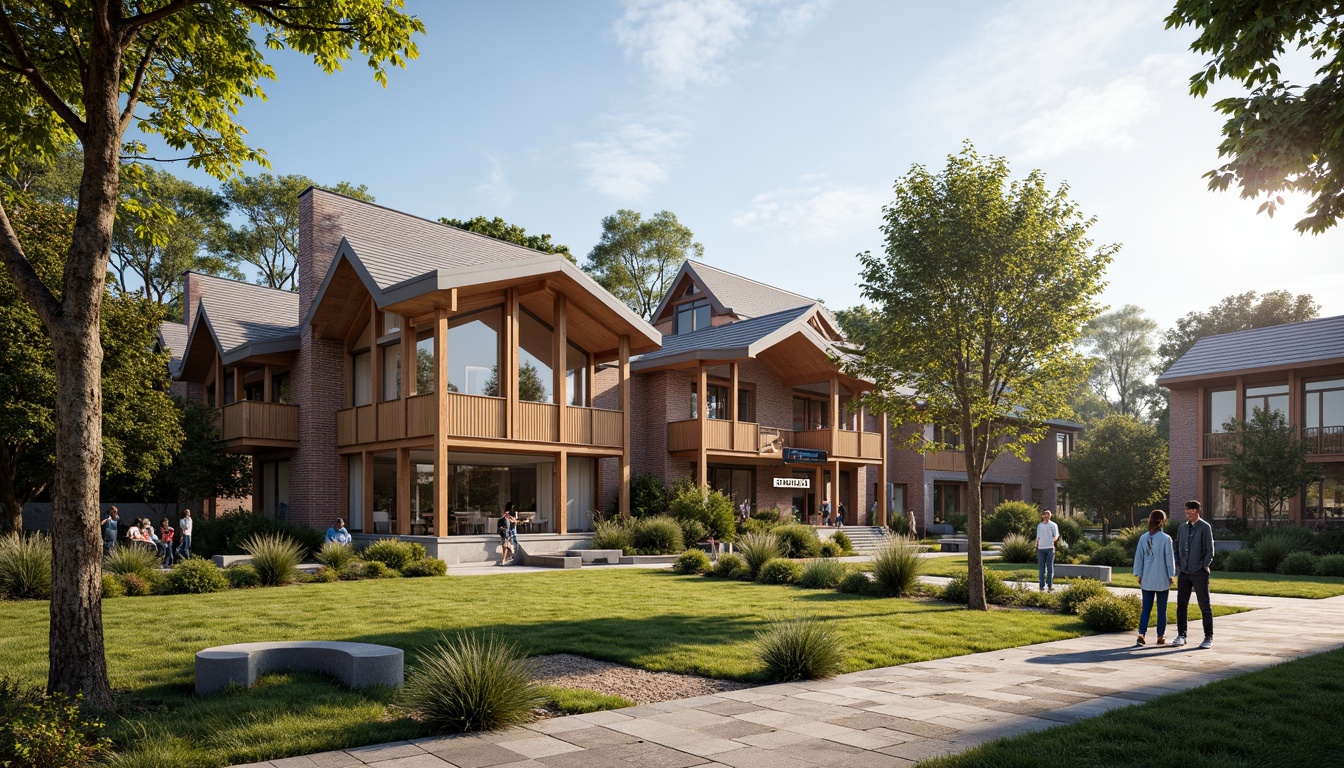 Prompt: Rustic high school building, asymmetrical rooflines, multi-gabled fa\u00e7ade, weathered brick exterior, wooden accents, earthy color palette, lush greenery, mature trees, natural stone walkways, outdoor seating areas, educational signage, modern minimalist interiors, large windows, natural light, shallow depth of field, 1/2 composition, atmospheric perspective, soft warm lighting, realistic textures.