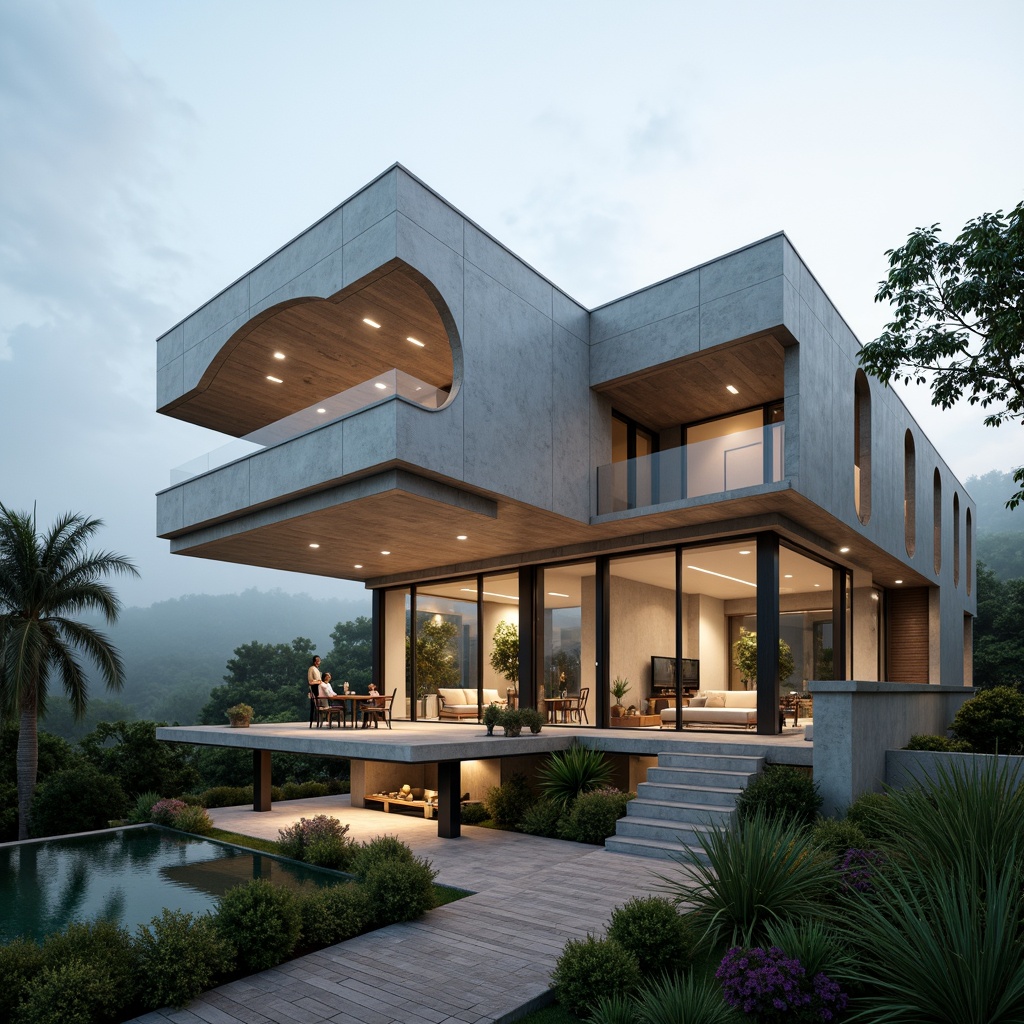 Prompt: Luxurious villa, futuristic constructivist architecture, cantilevered volumes, fragmented forms, brutalist concrete walls, angular lines, minimalist interior design, spacious open-plan living areas, floor-to-ceiling windows, sliding glass doors, panoramic views, surrounding lush greenery, tropical plants, misty atmosphere, soft warm lighting, 1/2 composition, shallow depth of field, realistic textures, ambient occlusion.