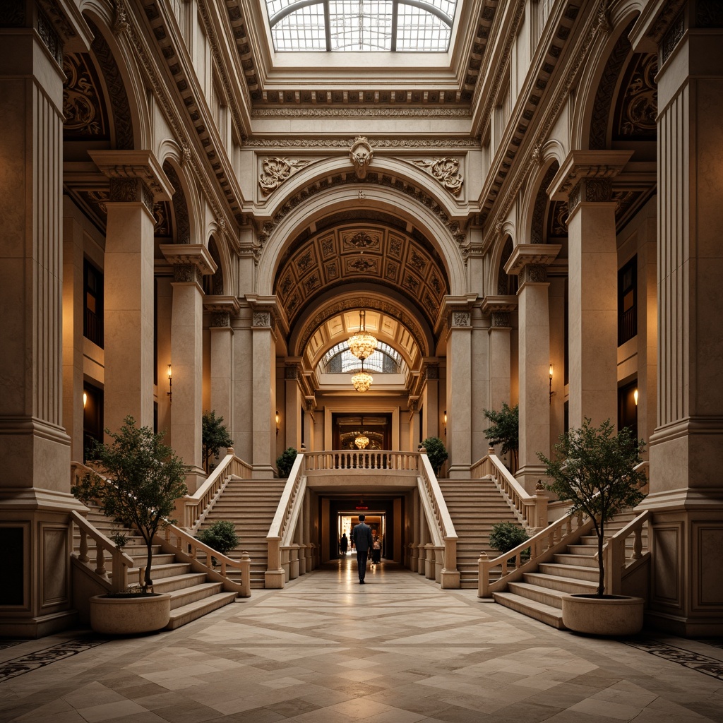 Prompt: Grandiose bank facade, symmetrical composition, ornate columns, carved stone details, imposing entrance, majestic dome, intricate moldings, elegant arches, lavish ornamentation, polished marble floors, stately staircase, neoclassical style, historic banking hall, richly textured walls, ambient warm lighting, shallow depth of field, 1/2 composition, realistic reflections, subtle chromatic aberration.