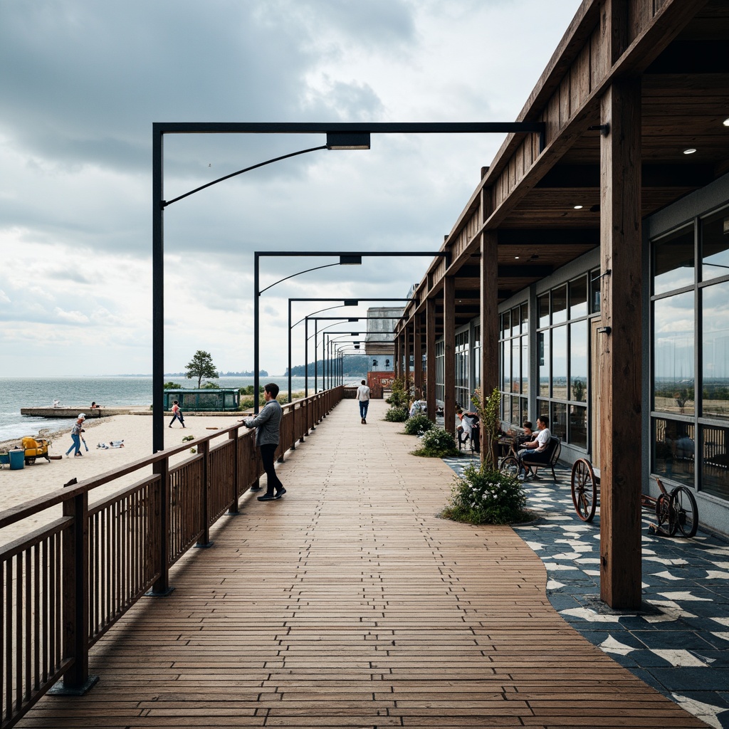 Prompt: Weathered wooden planks, rusty metal rails, vintage train wheels, nautical rope details, ocean-inspired color palette, wave-patterned tiles, salty sea air, seagulls flying overhead, coastal scenery, modern glass fa\u00e7ade, steel beams, industrial lighting, minimal ornamentation, functional design, beachside promenade, sailboat-inspired architecture, driftwood accents, ocean breeze, soft natural light, shallow depth of field, 2/3 composition, symmetrical framing.