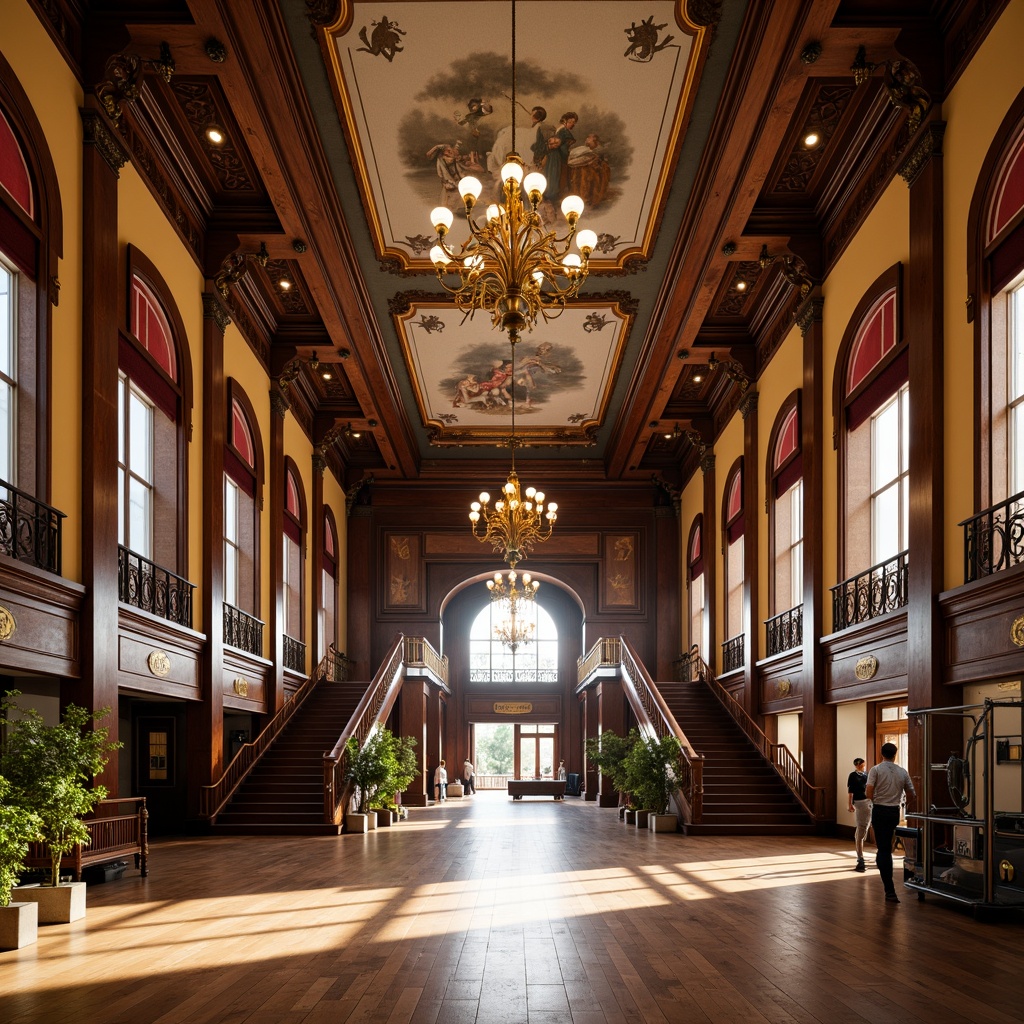 Prompt: Grand gymnasium hall, ornate ironwork details, intricately carved wooden accents, polished marble floors, luxurious velvet curtains, regal chandeliers, sweeping staircases, majestic archways, grandiose entrance doors, vintage athletic equipment, richly stained wood paneling, elaborate ceiling murals, dramatic spot lighting, warm golden color scheme, symmetrical composition, ornate metalwork railings, elegant typography, nostalgic sports memorabilia, sun-drenched interior spaces, shallow depth of field, 1/2 composition.