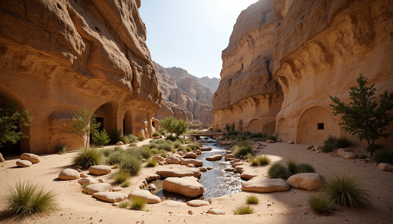 Prompt: Rustic canyon landscape, eroded rock formations, sandy trails, sparse vegetation, weathered wooden bridges, natural stone pathways, earthy tones, warm beige colors, rough-hewn textures, organic shapes, free-flowing waterfalls, serene atmosphere, soft diffused lighting, shallow depth of field, 1/2 composition, cinematic view, realistic rock details, ambient occlusion.