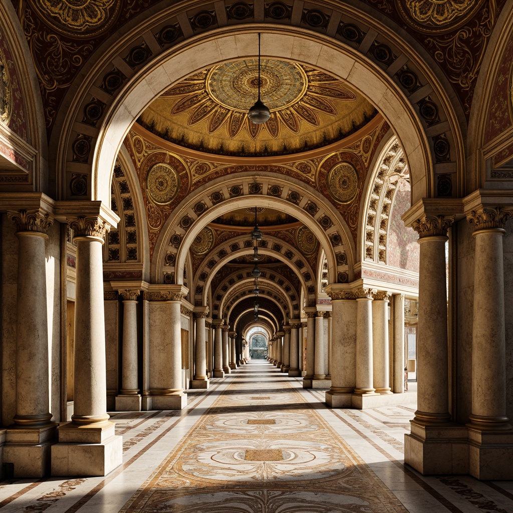 Prompt: Intricate archways, ornate columns, golden mosaics, richly patterned marble floors, grand entrance halls, high ceilings, vaulted roofs, ornamental domes, Byzantine-inspired architecture, ancient Roman influences, majestic monumental scale, warm soft lighting, shallow depth of field, 3/4 composition, realistic textures, ambient occlusion.