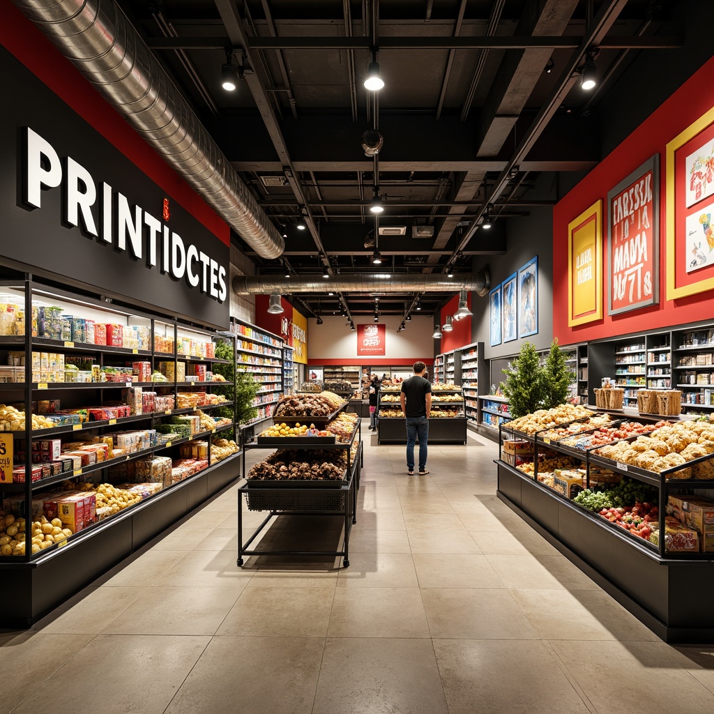 Prompt: Vibrant grocery store, primary color scheme, bold typography, industrial metal shelves, exposed ductwork, polished concrete floors, geometric patterns, abstract artwork, functional lighting, minimal decorations, raw materials, urban atmosphere, modernist architecture, rectangular shapes, clean lines, monochromatic accents, high ceilings, open spaces, natural light, 1/2 composition, soft focus, realistic textures.