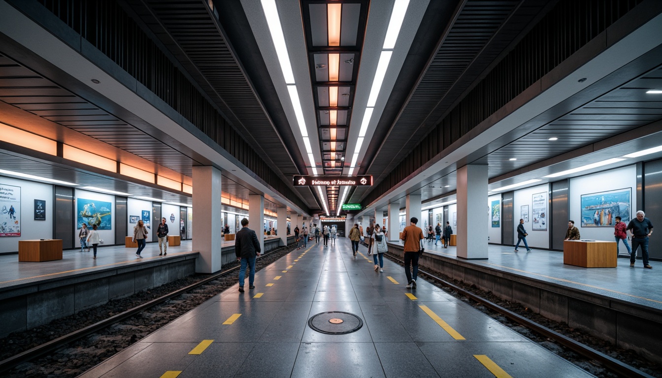 Prompt: Futuristic metro station, sleek modern architecture, high-ceilinged platforms, advanced lighting systems, LED strips, neon lights, glowing signage, metallic surfaces, glass railings, minimalist benches, futuristic advertisements, digital displays, 3D visual effects, soft warm ambiance, shallow depth of field, 1/2 composition, panoramic view, realistic textures, ambient occlusion, bustling crowd, morning rush hour, urban atmosphere.