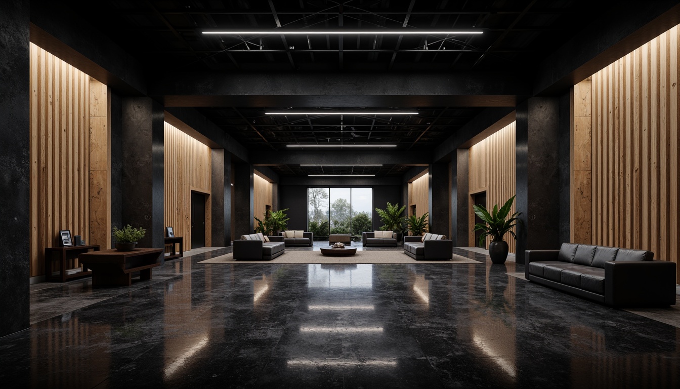 Prompt: Dramatic interior space, black marble floors, natural wood accents, contrasting textures, industrial metal beams, minimalist decor, monochromatic color scheme, moody lighting, atmospheric shadows, 1/1 composition, low-angle shot, cinematic mood, subtle reflections, ambient occlusion.