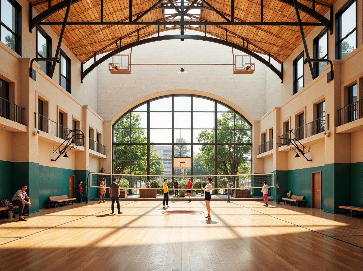 Prompt: Vibrant gymnasium interior, high ceilings, clerestory windows, abundant natural light, athletic equipment, basketball hoops, volleyball nets, exercise machines, wooden floors, modern architecture, minimal decor, bright colors, soft shadows, warm ambiance, shallow depth of field, 3/4 composition, realistic textures, ambient occlusion.